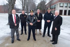 Police Chiefs (left to right) Paul Gallagher, North Andover, James Fitzpatrick, Lawrence, Joe Solomon, Methuen, Alan DiNaro, Haverhill, Kevin Oullet, Amesbury, and George Moriarty, NECC executive director of workforce and corporate relations