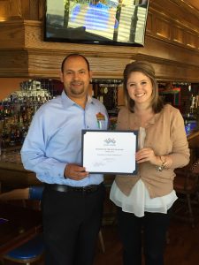 Ashleigh Bergh, Membership Coordinator presents Casa Blanca Restaurant owner, Jorge “Alex” Vargas with the Business of the Month Certificate on a recent lunch visit to the Haverhill store.