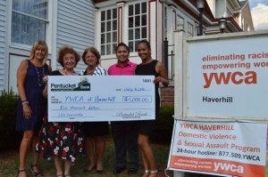 Pentucket Bank presented a check on July 6 to the YWCA Haverhill to kick off its major annual fundraising event, the annual Tribute to Women, to take place October 27, at DiBurro’s. (L to R) Renee McGuire, YWCA Site Director; Mary B. O’Brien, YWCA Executive Director; Patricia O’Brien, YWCA Board President; Jose Pino, Marketing and Special Events Coordinator, Pentucket Bank; Katherine Castro, YWCA Board Vice President.
